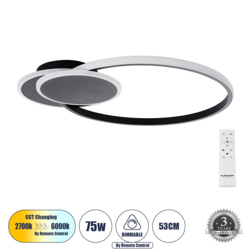 GloboStar® GloboStar® CIRCUO 61229 Φωτιστικό Οροφής Δαχτυλίδι-Κύκλος LED CCT 75W 8400lm 360° AC 220-240V - Εναλλαγή Φωτισμού μέσω Τηλεχειριστηρίου All In One Ψυχρό 6000k+Φυσικό 4500k+Θερμό 2700k Dimmable Μ53 x Π42.5 x Υ9cm - Μαύρο - 3 Years Warranty