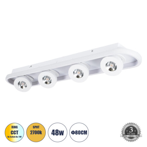 GloboStar® GloboStar® NESPO 61215 Φωτιστικό Οροφής Linear Design LED CCT με Κινούμενα Σποτ LED Spot Downlight 48W 5376lm 360° & 45° AC 220-240V - Εναλλαγή Φωτισμού μέσω Διακόπτη On/Off All In One Ψυχρό 6000k+Φυσικό 4500k+Θερμό 2700k Μ80 x Π13 x Υ6.5cm - Λευκό