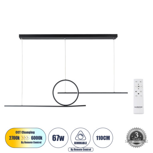GloboStar® GLOBOSTAR® TEREZA 61288 Μοντέρνο Κρεμαστό Φωτιστικό Οροφής LED 67W 7504lm 300° AC 220-240V IP20 Ρυθμιζόμενο Λευκό CCT με Χειριστήριο από 2700K έως 6000K Dimmable - Lumileds SMD Chip - Μαύρο - Μ110 x Π4.5 x Υ34cm - 3 Χρόνια Εγγύηση