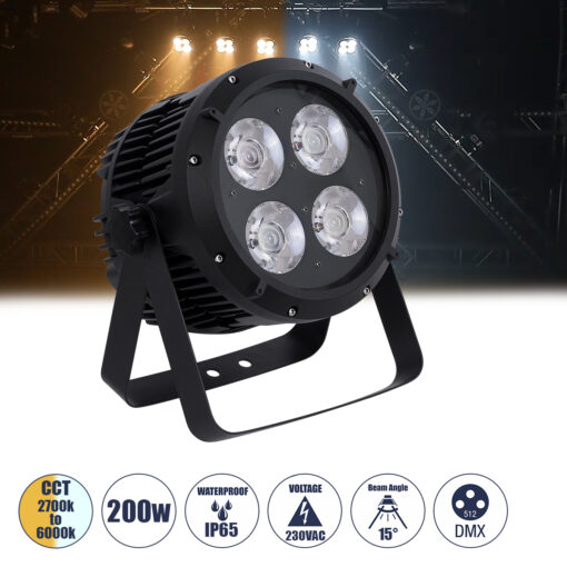 GloboStar® GloboStar® 51119 TYPHON Επαγγελματική Κεφαλή PAR DMX512 200W AC 220V-240V - SPOT - 15° OSRAM LED Αδιάβροχη IP65 - CCT Θερμό Λευκό 2700K - Φυσικό Λευκό 4500K - Ψυχρό Λευκό 6000K - Μαύρο - L23.2 x W22 x H33cm