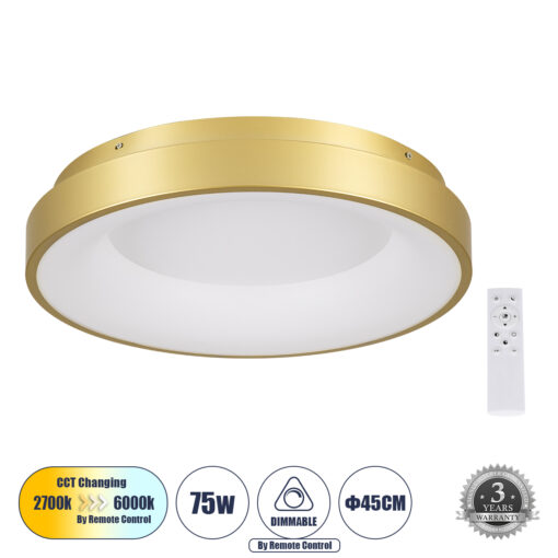 GloboStar® GLOBOSTAR® SALEM 61235 Μοντέρνο Φωτιστικό Οροφής LED 75W 8625lm 120° AC 220-240V IP20 Ρυθμιζόμενο Λευκό CCT με Χειριστήριο από 2700K έως 6000K Dimmable - Lumileds SMD Chip - Χρυσό - Μ45 x Π45 x Υ8.5cm - 3 Χρόνια Εγγύηση
