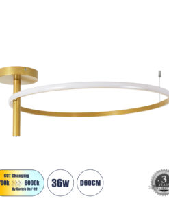 GloboStar® GloboStar® VERONA 61225 Φωτιστικό Οροφής Δαχτυλίδι-Κύκλος LED CCT 36W 4032lm 360° AC 220-240V - Εναλλαγή Φωτισμού μέσω Διακόπτη On/Off All In One Ψυχρό 6000k+Φυσικό 4500k+Θερμό 2700K Φ60 x Υ23cm - Χρυσό Βούρτσας - 3 Χρόνια Εγγύηση
