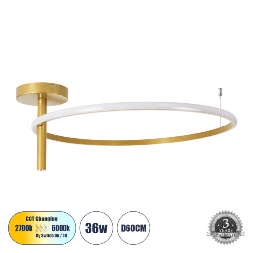 GloboStar® GloboStar® VERONA 61225 Φωτιστικό Οροφής Δαχτυλίδι-Κύκλος LED CCT 36W 4032lm 360° AC 220-240V - Εναλλαγή Φωτισμού μέσω Διακόπτη On/Off All In One Ψυχρό 6000k+Φυσικό 4500k+Θερμό 2700K Φ60 x Υ23cm - Χρυσό Βούρτσας - 3 Χρόνια Εγγύηση