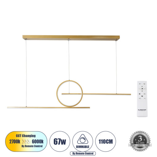 GloboStar® GLOBOSTAR® TEREZA 61289 Μοντέρνο Κρεμαστό Φωτιστικό Οροφής LED 67W 7504lm 300° AC 220-240V IP20 Ρυθμιζόμενο Λευκό CCT με Χειριστήριο από 2700K έως 6000K Dimmable - Lumileds SMD Chip - Χρυσό - Μ110 x Π4.5 x Υ34cm - 3 Χρόνια Εγγύηση