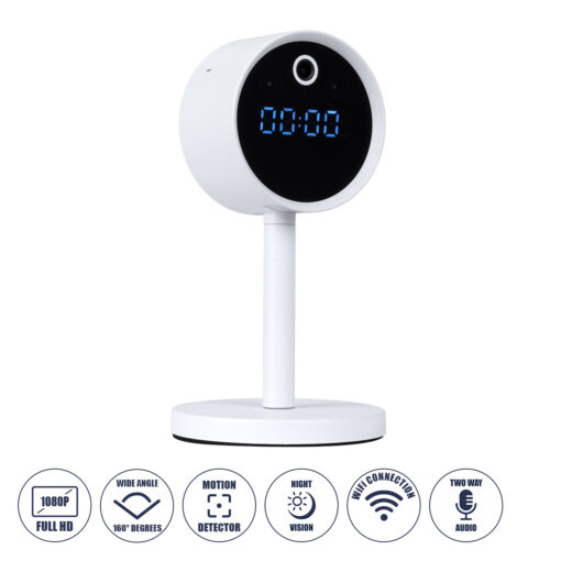 GloboStar® GloboStar® 86006 Rechargeable Table Camera WiFi HD 1080P 160° 1500mAh Two Way Audio Motion Detection & Digital Clock - Επαναφορτιζόμενη Επιτραπέζια Κάμερα WiFi HD 1080P 160° 1500mAh Διπλή Κατέυθυνση Ομιλίας Ανιχνευτή Κίνησης & Ψηφιακό Ρολόι - Λευκό