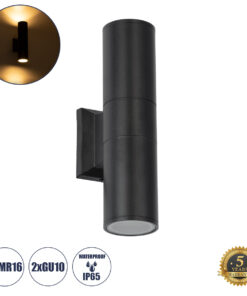 GloboStar® GLOBOSTAR® WALLY 77873 Μοντέρνο Φωτιστικό Τοίχου - Απλίκα με Ντουί 2 x GU10 AC 220-240V Αδιάβροχο IP65 - Μαύρο Ματ - Μ6.4 x Π11 x Υ25cm