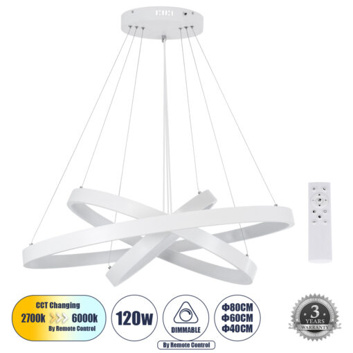 GloboStar® GLOBOSTAR® NEMESIS TRIO 61171-DECO Μοντέρνο Κρεμαστό Φωτιστικό Οροφής LED 120W 14723lm 360° AC 220-240V IP20 Ρυθμιζόμενο Λευκό CCT με Χειριστήριο από 2700K έως 6000K Dimmable - Lumileds SMD Chip - Λευκό - Μ40 x Π60 x Υ80cm - 3 Χρόνια Εγγύηση