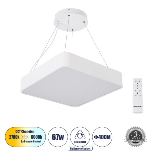 GloboStar® GLOBOSTAR® KAMALA 61206-P Μοντέρνο Κρεμαστό Φωτιστικό Οροφής LED 67W 7370lm 120° AC 220-240V IP20 Ρυθμιζόμενο Λευκό CCT με Χειριστήριο από 2700K έως 6000K Dimmable - Lumileds SMD Chip - Λευκό - Μ40 x Π40 x Υ8cm - 3 Χρόνια Εγγύηση