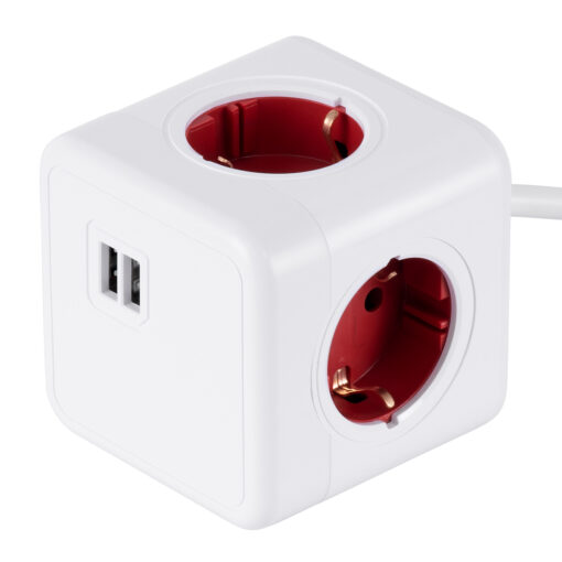 GloboStar® GloboStar® TRAVEL PowerCube PRO Certified 79642 Πολύπριζο 6 Θέσεων με 1.5m Kαλώδιο - 4 Πρίζες Ασφαλείας Childproof EU Schuko AC 220-240V & 2 Πρίζες USB Max 2.1A/DC 5V Μ7.5 x Π7.5 x Υ7.5 - Λευκό με Κόκκινο - Max Load 3680W/16A