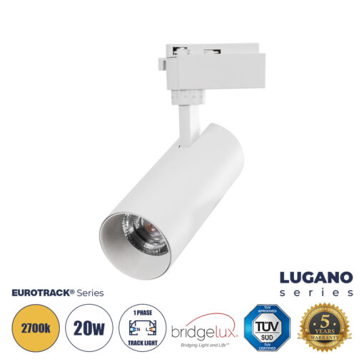 GloboStar® GloboStar® LUGANO 60808 Μονοφασικό Φωτιστικό Σποτ Ράγας LED 20W 2400lm 36° Acrylic HQ LENS AC 220-240V IP20 Φ6.5 x Υ22cm Θερμό Λευκό 2700K - EUROTRACK® System 1L+1N - Λευκό - Bridgelux Chip - TÜV Certified Driver - 5 Χρόνια Εγγύηση