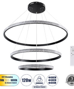 GloboStar® GLOBOSTAR® DIAMOND TRIO 61138 Μοντέρνο Κρεμαστό Φωτιστικό Οροφής LED 120W 14723lm 360° AC 220-240V IP20 Ρυθμιζόμενο Λευκό CCT με Χειριστήριο από 2700K έως 6000K Dimmable - Lumileds SMD Chip - Μαυρό - Μ80 x Π80 x Υ90cm - 3 Χρόνια Εγγύηση
