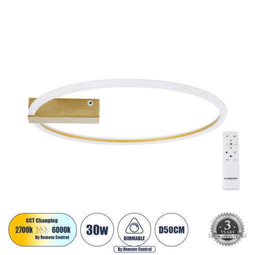 GloboStar® GloboStar® CINDERELLA 60982 Φωτιστικό Οροφής Δαχτυλίδι-Κύκλος LED CCT 30W 3360lm 360° AC 220-240V - Εναλλαγή Φωτισμού μέσω Τηλεχειριστηρίου All In One Ψυχρό 6000k+Φυσικό 4500k+Θερμό 2700k Dimmable Φ50cm - Χρυσό Βούρτσας - 3 Years Warranty