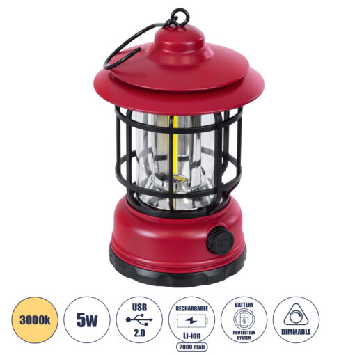 GloboStar® GloboStar® 85694 Αυτόνομο Επαναφορτιζόμενο Φανάρι Camping LED 5W USB 2.0 με Επαναφορτιζόμενη Μπαταρία 1 x 18650 2000mAh Li-ion - IP20 - Dimmable - Κόκκινο με Διάφανο Γυαλί - Θερμό Λευκό 3000K Φ12 x Υ17cm