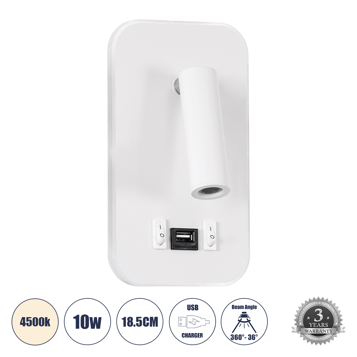 GloboStar® LADY-O 61364 Μοντέρνο Φωτιστικό Τοίχου - Απλίκα Ξενοδοχείου Bed Side LED 10W 1000lm 36° & 360° AC 220-240V - Reading Light & Κρυφός Φωτισμός - Φορτιστής USB 3A - Μ10.5 x Π10 x Υ18.5cm - Φυσικό Λευκό 4500K - Λευκό - 3 Χρόνια Εγγύηση 3 GloboStar® GloboStar® LADY-O 61364 Μοντέρνο Φωτιστικό Τοίχου - Απλίκα Ξενοδοχείου Bed Side LED 10W 1000lm 36° & 360° AC 220-240V - Reading Light & Κρυφός Φωτισμός - Φορτιστής USB 3A - Μ10.5 x Π10 x Υ18.5cm - Φυσικό Λευκό 4500K - Λευκό - 3 Χρόνια Εγγύηση