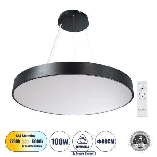 GloboStar® GLOBOSTAR® BURTON 61204-P Μοντέρνο Κρεμαστό Φωτιστικό Οροφής LED 100W 11020lm 120° AC 220-240V IP20 Ρυθμιζόμενο Λευκό CCT με Χειριστήριο από 2700K έως 6000K Dimmable - Lumileds SMD Chip - Μαύρο - Μ80 x Π80 x Υ8cm - 3 Χρόνια Εγγύηση