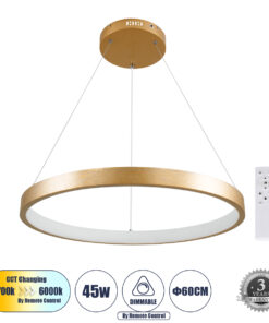 GloboStar® GLOBOSTAR® NEMESIS 61160 Μοντέρνο Κρεμαστό Φωτιστικό Οροφής LED 45W 5230lm 360° AC 220-240V IP20 Ρυθμιζόμενο Λευκό CCT με Χειριστήριο από 2700K έως 6000K Dimmable - Lumileds SMD Chip - Χρυσό Βούρτσας - Μ60 x Π60 x Υ4cm - 3 Χρόνια Εγγύηση