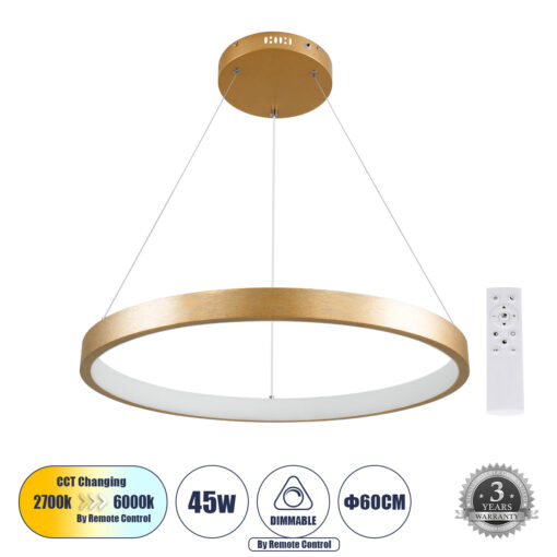 GloboStar® GLOBOSTAR® NEMESIS 61160 Μοντέρνο Κρεμαστό Φωτιστικό Οροφής LED 45W 5230lm 360° AC 220-240V IP20 Ρυθμιζόμενο Λευκό CCT με Χειριστήριο από 2700K έως 6000K Dimmable - Lumileds SMD Chip - Χρυσό Βούρτσας - Μ60 x Π60 x Υ4cm - 3 Χρόνια Εγγύηση