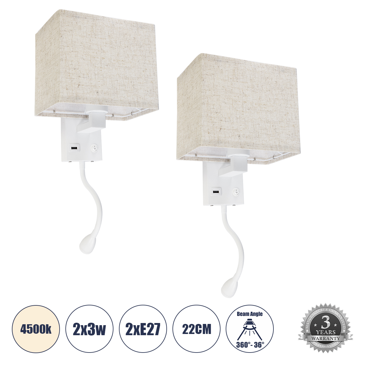 GloboStar® ROULETTE-S 61383 Μοντέρνο Φωτιστικό Τοίχου - Απλίκα Ξενοδοχείου Bed Side LED 3W 360lm & 1 x E27 36° & 360° AC 220-240V - Reading Up/Down Light - Φορτιστής USB 3A - Μ17 x Π20 x Υ37cm - Φυσικό Λευκό 4500K - Λευκό με Μπεζ Καπέλο - Σετ 2 Τεμαχίων 3 GloboStar® GloboStar® ROULETTE-S 61383 Μοντέρνο Φωτιστικό Τοίχου - Απλίκα Ξενοδοχείου Bed Side LED 3W 360lm & 1 x E27 36° & 360° AC 220-240V - Reading Up/Down Light - Φορτιστής USB 3A - Μ17 x Π20 x Υ37cm - Φυσικό Λευκό 4500K - Λευκό με Μπεζ Καπέλο - Σετ 2 Τεμαχίων