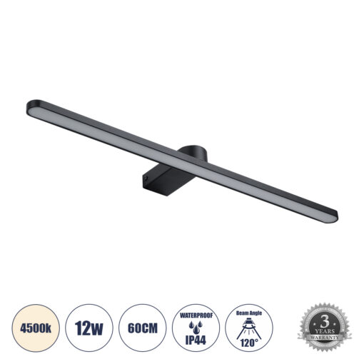 GloboStar® GloboStar® MEGAN 60448 Μοντέρνο Φωτιστικό Τοίχου - Απλίκα Καθρέπτη Μπάνιου - Πίνακα LED 12W 1400lm 120° AC 220-240V IP44 Μ60 x Π12 x Υ4cm - Φυσικό Λευκό 4500K - Μαύρο - 3 Χρόνια Εγγύηση
