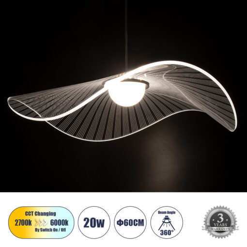 GloboStar® GLOBOSTAR® ACRYLICA 60975 Μοντέρνο Κρεμαστό Φωτιστικό Οροφής LED 20W 2240lm 360° AC 220-240V IP20 Ρυθμιζόμενο Λευκό CCT με On/Off 2700K/4500K/6000K - Lumileds SMD Chip - Διάφανο & Μαύρο - Μ60 x Π60 x Υ15cm - 3 Χρόνια Εγγύηση