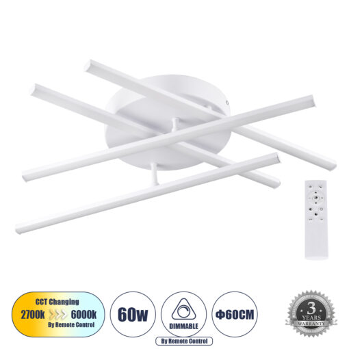 GloboStar® GLOBOSTAR® DRACO 61096 Μοντέρνο Φωτιστικό Οροφής LED 60W 7380lm 120° AC 220-240V IP20 Ρυθμιζόμενο Λευκό CCT με Χειριστήριο από 2700K έως 6000K Dimmable - Lumileds SMD Chip - Λευκό Ματ - Μ60 x Π60 x Υ11cm - 3 Χρόνια Εγγύηση