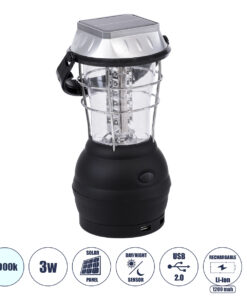 GloboStar® GloboStar® 69923 Αυτόνομος Ηλιακός Φωτοβολταϊκός Φορητός Φακός Φανάρι LED Camping 3W 150lm - 1200mAh - Μανιβέλα Φόρτισης - Power Bank - Καλώδιο Φόρτισης Micro USB - Ψυχρό Λευκό 6000K Φ13 x Υ25cm