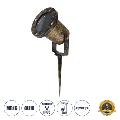 GloboStar® GloboStar® GARDELINI 61485 Καρφωτό Κινούμενο Φωτιστικό Σποτ Κήπου με Ντουί 1 x GU10 VDE Certified AC 220-240V Αδιάβροχο IP65 - Σώμα Αλουμινίου & Υψηλής Αντοχής Tempered Glass & Μ40cm VDE Καλώδιο Σύνδεσης - Φ10 x Υ30cm - Χρυσό Εφέ Σκουριάς - 5 Χρόνια Εγγύηση
