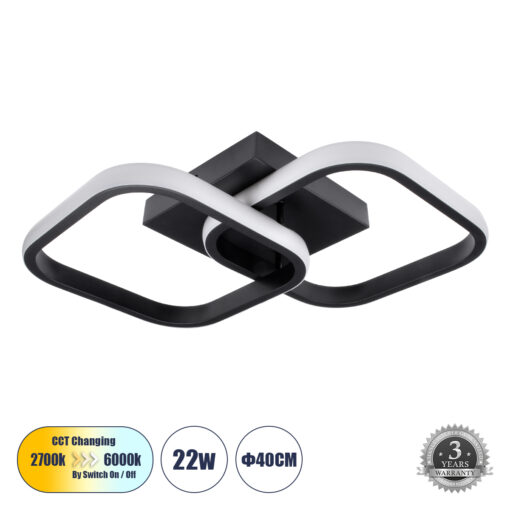 GloboStar® GloboStar® NORA 61061 Φωτιστικό Οροφής Design LED CCT 22W 2640lm 300° AC 220-240V - Εναλλαγή Φωτισμού μέσω Διακόπτη On/Off All In One Ψυχρό 6000k+Φυσικό 4500k+Θερμό 2700k Μ40 x Π24 x Υ7cm - Μαύρο