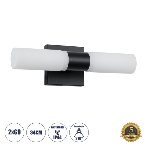 GloboStar® GloboStar® ANAIS 60408 Μοντέρνο Φωτιστικό Τοίχου - Απλίκα Καθρέπτη Μπάνιου - Πίνακα 2 x G9 270° AC 220-240V IP44 Μ34 x Π12 x Υ11cm - Μαύρο - 5 Χρόνια Εγγύηση