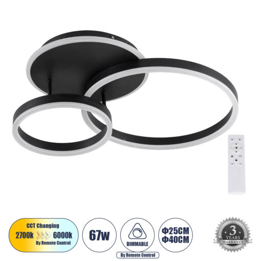 GloboStar® GloboStar® VENOM 61120 Φωτιστικό Οροφής Δαχτυλίδι-Κύκλος LED CCT 67W 8107lm 360° AC 220-240V - Εναλλαγή Φωτισμού μέσω Τηλεχειριστηρίου All In One Ψυχρό 6000k+Φυσικό 4500k+Θερμό 2700k Dimmable Φ25+40cm+BackLight - Μαύρο - 3 Years Warranty