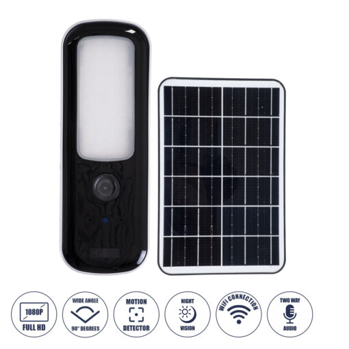GloboStar® GloboStar® 86073 Αυτόνομος Ηλιακός Επιτοίχιος Προβολέας LED SMD 12W 600lm με IP Camera 1080P 2MP WiFi 150° Μοιρών - Ενσωματωμένη Μπαταρία 2500mAh - Φωτοβολταϊκό Πάνελ - Αισθητήρα Ημέρας-Νύχτας & Ρύθμιση Χρόνου Ανάμματος - Αδιάβροχος IP66 Ψυχρό Λευκό 6000K