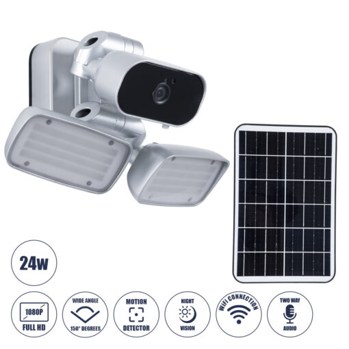 GloboStar® GloboStar® 86044 Αυτόνομος Ηλιακός Προβολέας LED SMD 24W 1200lm με IP Camera 1080P 2MP WiFi 150° Μοιρών - Ενσωματωμένη Μπαταρία 3200mAh - Φωτοβολταϊκό Πάνελ - Αισθητήρα Ημέρας-Νύχτας & Ρύθμιση Χρόνου Ανάμματος - Αδιάβροχος IP66 Ψυχρό Λευκό 6000K - Ασημί