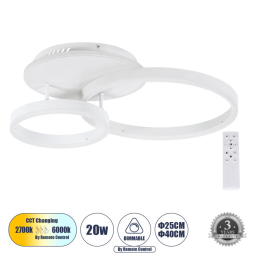 GloboStar® GloboStar® VENOM 61121 Φωτιστικό Οροφής Δαχτυλίδι-Κύκλος LED CCT 67W 8107lm 360° AC 220-240V - Εναλλαγή Φωτισμού μέσω Τηλεχειριστηρίου All In One Ψυχρό 6000k+Φυσικό 4500k+Θερμό 2700k Dimmable Φ25+40cm+BackLight - Λευκό - 3 Years Warranty