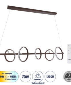 GloboStar® GLOBOSTAR® CIRCOLARE 61321 Μοντέρνο Κρεμαστό Φωτιστικό Οροφής LED 75W 8400lm 360° AC 220-240V IP20 Ρυθμιζόμενο Λευκό CCT με Χειριστήριο από 2700K έως 6000K Dimmable - Lumileds SMD Chip - Καφέ - Μ120 x Π25 x Υ25cm - 3 Χρόνια Εγγύηση