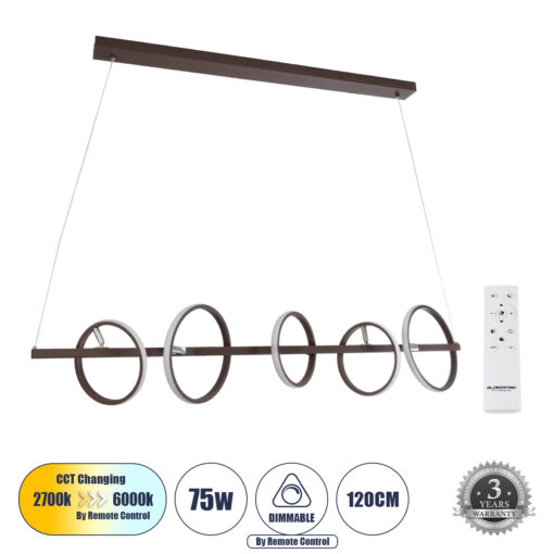 GloboStar® GLOBOSTAR® CIRCOLARE 61321 Μοντέρνο Κρεμαστό Φωτιστικό Οροφής LED 75W 8400lm 360° AC 220-240V IP20 Ρυθμιζόμενο Λευκό CCT με Χειριστήριο από 2700K έως 6000K Dimmable - Lumileds SMD Chip - Καφέ - Μ120 x Π25 x Υ25cm - 3 Χρόνια Εγγύηση