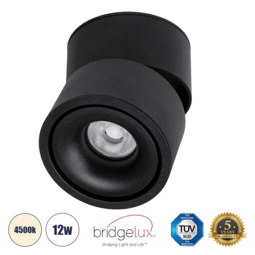 GloboStar® GloboStar® OMEGA-S 60300 Επιφανειακό LED Spot Downlight Φ10cm 12W 1560lm 36° AC 220-240V IP20 Φ10 x Υ10.5cm - Στρόγγυλο - Μαύρο - Φυσικό Λευκό 4500K - Bridgelux COB - 5 Years Warranty