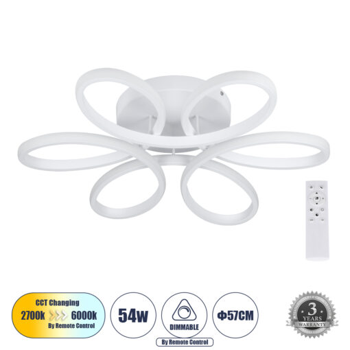 GloboStar® GLOBOSTAR® MARGARET 61401 Μοντέρνο Φωτιστικό Οροφής LED 54W 6210lm 360° AC 220-240V IP20 Ρυθμιζόμενο Λευκό CCT με Χειριστήριο από 2700K έως 6000K Dimmable - Lumileds SMD Chip - Λευκό Ματ - Μ57 x Π57 x Υ12cm - 3 Χρόνια Εγγύηση
