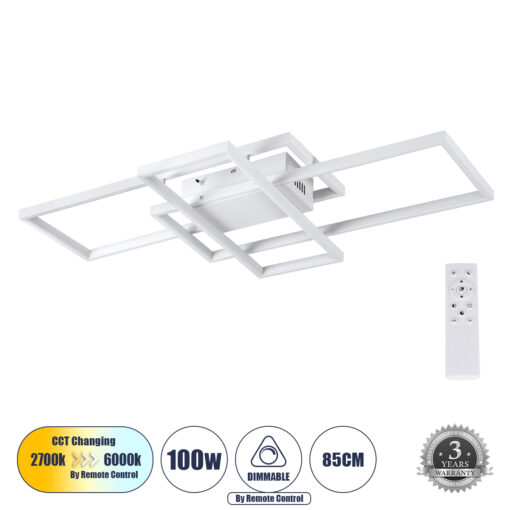 GloboStar® GloboStar® QUADRA 61386 Φωτιστικό Οροφής Design LED CCT 100W 12000lm 120° AC 220-240V - Εναλλαγή Φωτισμού μέσω Τηλεχειριστηρίου All In One Ψυχρό 6000k+Φυσικό 4500k+Θερμό 2700k Dimmable Μ85 x Π45 x Υ9cm - Λευκό - 3 Years Warranty
