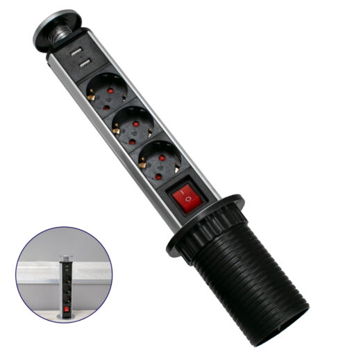 GloboStar® GLOBOSTAR® POWERFOLD 79630 Χωνευτό Πτυσσόμενο Πολύπριζο 5 Θέσεων με 2 x Πρίζες DC 5V USB 3.0 & 3 x EU Schuko Πρίζες Ασφαλείας Childproof AC 220-240V 3000W/13A Max Load με Διακόπτη On/Off IP20 - Μαύρο & Γκρι - Μ8 x Π8 x Υ33cm