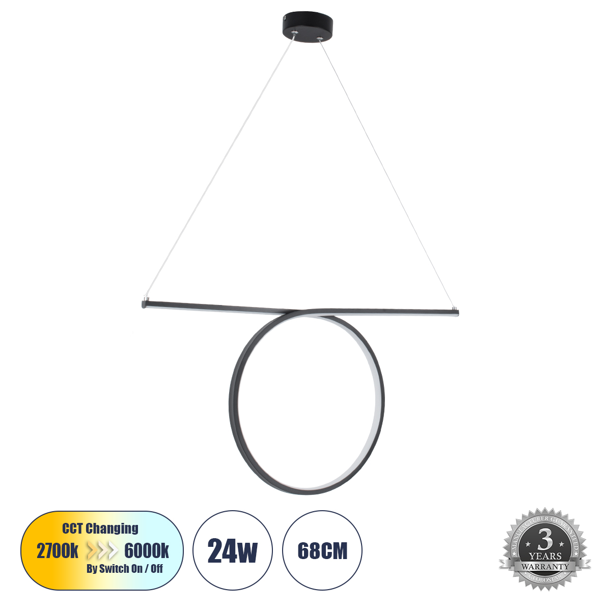 GLOBOSTAR® ROME 61294 Μοντέρνο Κρεμαστό Φωτιστικό Οροφής LED 24W 2640lm 200° AC 220-240V IP20 Ρυθμιζόμενο Λευκό CCT με On/Off 2700K/4500K/6000K - Lumileds SMD Chip - Μαύρο Ματ - Μ65.5 x Π4 x Υ33cm - 3 Χρόνια Εγγύηση 3 GloboStar® GLOBOSTAR® ROME 61294 Μοντέρνο Κρεμαστό Φωτιστικό Οροφής LED 24W 2640lm 200° AC 220-240V IP20 Ρυθμιζόμενο Λευκό CCT με On/Off 2700K/4500K/6000K - Lumileds SMD Chip - Μαύρο Ματ - Μ65.5 x Π4 x Υ33cm - 3 Χρόνια Εγγύηση