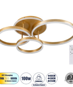 GloboStar® GLOBOSTAR® VENOM 61125 Μοντέρνο Φωτιστικό Οροφής LED 100W 12100lm 360° AC 220-240V IP20 Ρυθμιζόμενο Λευκό CCT με Χειριστήριο από 2700K έως 6000K Dimmable - Lumileds SMD Chip - Χρυσό Βούρτσας - Μ70 x Π40 x Υ16cm - 3 Χρόνια Εγγύηση