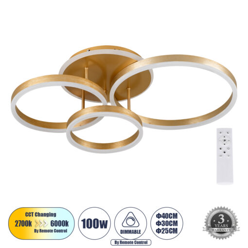 GloboStar® GLOBOSTAR® VENOM 61125 Μοντέρνο Φωτιστικό Οροφής LED 100W 12100lm 360° AC 220-240V IP20 Ρυθμιζόμενο Λευκό CCT με Χειριστήριο από 2700K έως 6000K Dimmable - Lumileds SMD Chip - Χρυσό Βούρτσας - Μ70 x Π40 x Υ16cm - 3 Χρόνια Εγγύηση