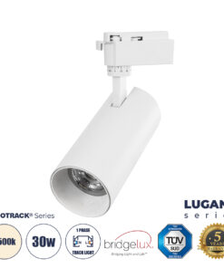 GloboStar® GloboStar® LUGANO 60813 Μονοφασικό Φωτιστικό Σποτ Ράγας LED 30W 3750lm 36° Acrylic HQ LENS AC 220-240V IP20 Φ7.5 x Υ22.7cm Φυσικό Λευκό 4500K - EUROTRACK® System 1L+1N - Λευκό - Bridgelux Chip - TÜV Certified Driver - 5 Χρόνια Εγγύηση