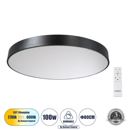 GloboStar® GloboStar® BURTON 61204-S Πλαφονιέρα Οροφής LED CCT 100W 11020lm 120° AC 220-240V - Εναλλαγή Φωτισμού μέσω Τηλεχειριστηρίου All In One Ψυχρό 6000k+Φυσικό 4500k+Θερμό 2700k Dimmable Φ80cm - Μαύρο - 3 Years Warranty