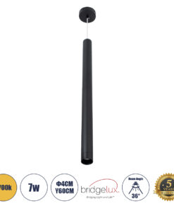 GloboStar® GLOBOSTAR® CANAL 60376 Μοντέρνο Κρεμαστό Φωτιστικό Οροφής LED 7W 700lm 36° AC 220-240V IP20 Θερμό Λευκό 2700K - Bridgelux COB - Μαύρο - Μ4 x Π4 x Υ60cm - 5 Χρόνια Εγγύηση