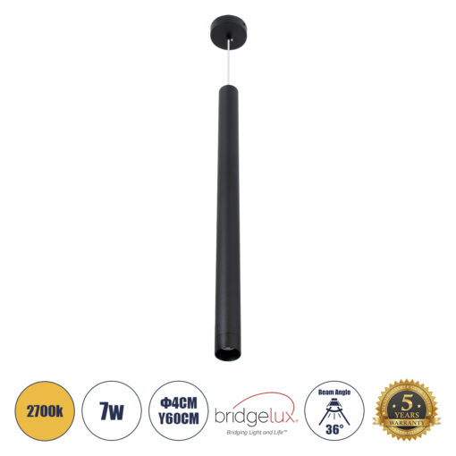 GloboStar® GLOBOSTAR® CANAL 60376 Μοντέρνο Κρεμαστό Φωτιστικό Οροφής LED 7W 700lm 36° AC 220-240V IP20 Θερμό Λευκό 2700K - Bridgelux COB - Μαύρο - Μ4 x Π4 x Υ60cm - 5 Χρόνια Εγγύηση