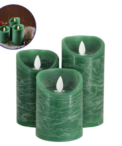 GloboStar® GloboStar® 79560 ΣΕΤ 3 Διακοσμητικών Realistic Κεριών Παραφίνης με LED Εφέ Κινούμενης Φλόγας - Μπαταρίας & Ασύρματο Χειριστήριο IR Πράσινα με Ασημένιες Ρίγες Θερμό Λευκό 3000K Dimmable
