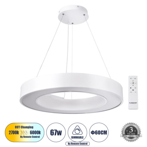 GloboStar® GLOBOSTAR® RA 61195 Μοντέρνο Κρεμαστό Φωτιστικό Οροφής LED 67W 7370lm 120° AC 220-240V IP20 Ρυθμιζόμενο Λευκό CCT με Χειριστήριο από 2700K έως 6000K Dimmable - Lumileds SMD Chip - Λευκό - Μ60 x Π80 x Υ8cm - 3 Χρόνια Εγγύηση