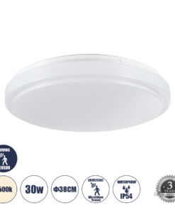 GloboStar® GloboStar® SENSORANO 60995 Πλαφονιέρα Οροφής LED 30W 3000lm 120° AC 220-240V με Ενσωματωμένο Σύστημα Ρυθμιζόμενου Microwave Αισθητήρα Κίνησης - Αδιάβροχη IP54 Φ38 x Υ5.3cm Φυσικό Λευκό 4500K - Λευκό - Bridgelux Chips - 3 Years Warranty