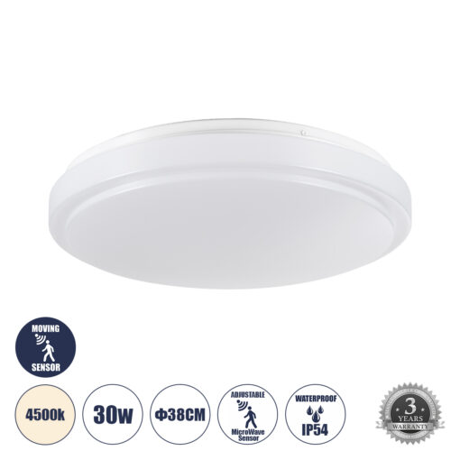 GloboStar® GloboStar® SENSORANO 60995 Πλαφονιέρα Οροφής LED 30W 3000lm 120° AC 220-240V με Ενσωματωμένο Σύστημα Ρυθμιζόμενου Microwave Αισθητήρα Κίνησης - Αδιάβροχη IP54 Φ38 x Υ5.3cm Φυσικό Λευκό 4500K - Λευκό - Bridgelux Chips - 3 Years Warranty